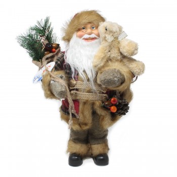 Babbo Natale 40 cm Abito Scozzese con Orso Pigna e Sacco Doni