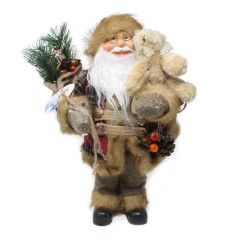 Babbo Natale 40 cm Abito Scozzese con Orso Pigna e Sacco Doni