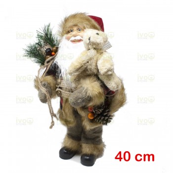 Babbo Natale 40 cm Abito Scozzese con Orso Pigna e Sacco Doni