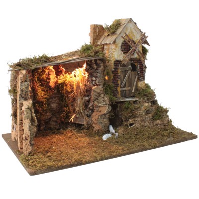 Capanna Vuota per Presepe con Luci e Mulino a Vento 60 x 34 x H 44 cm - 11771