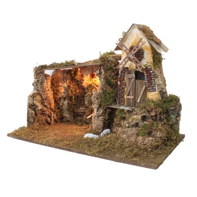 Capanna Vuota per Presepe con Luci e Mulino a Vento 60 x 34 x H 44 cm - 11771