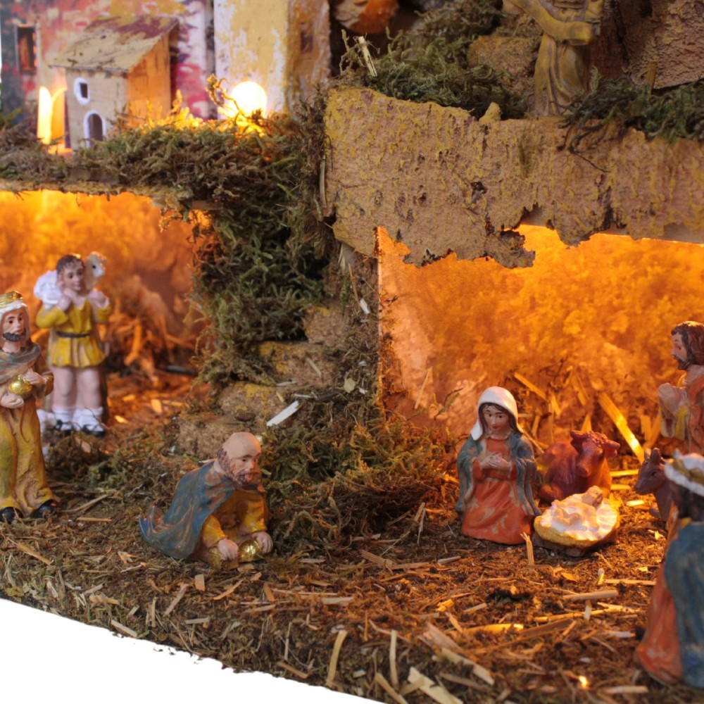 Paesaggio Completo di Capanna Presepe Illuminato e Statuine