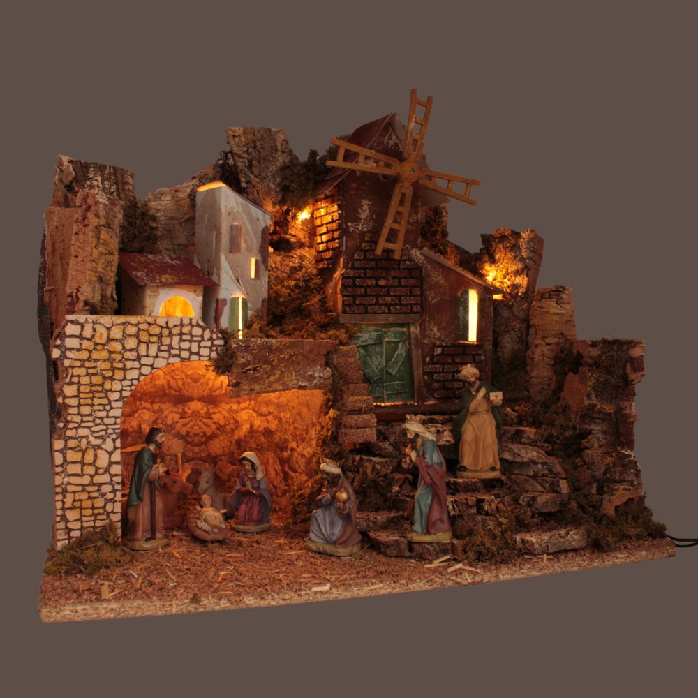 Grande Presepe con Luci e Mulino Completo di Natività Set da 8 pezzi