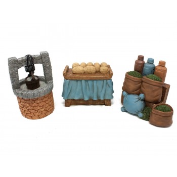 Set 3 Miniature per Presepe in Resina Pozzo, Tavolo con Pane, Sacchi e Brocche - 49588